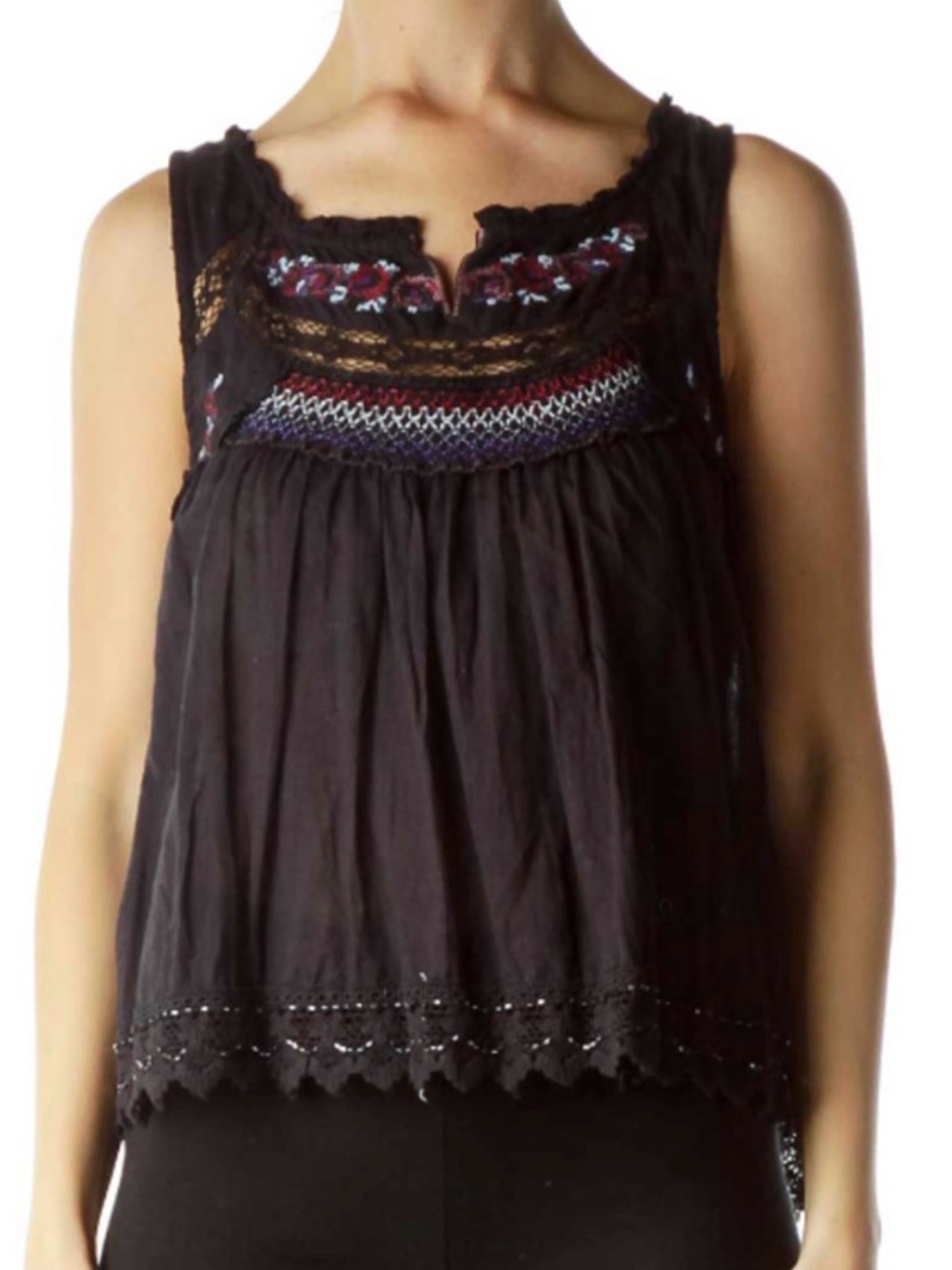 Free People Stitch Wonderland Tank Top Black Embroidered Cotton Size Medium